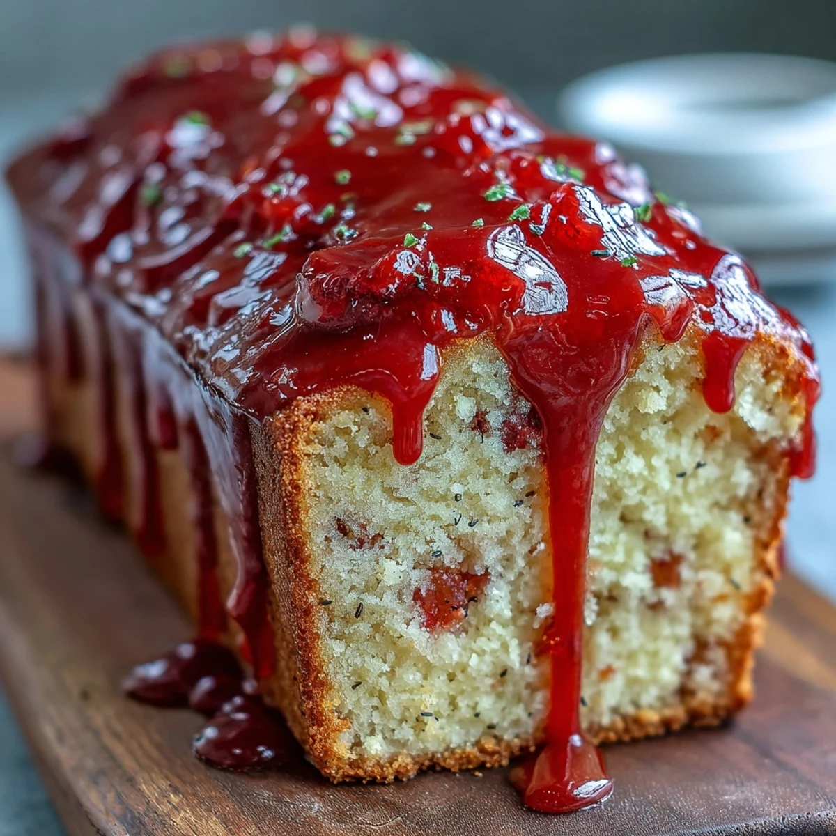 A glazed Blood Orange Loaf Cake with marzipan and poppy seeds, showing a moist crumb on a marble board.