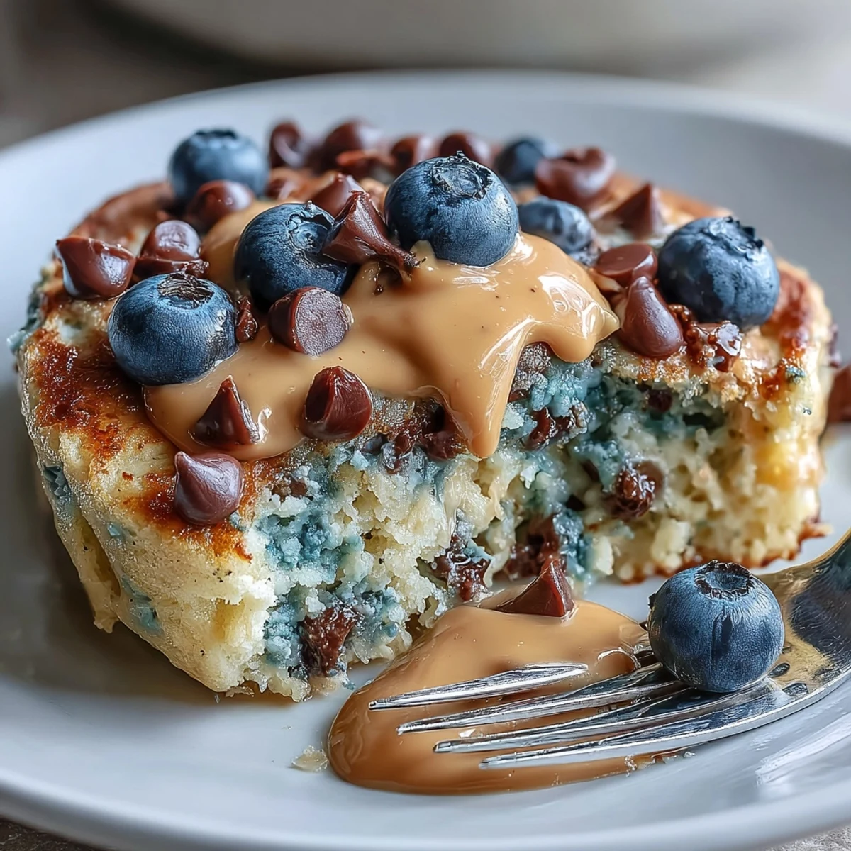 Freshly baked Baked Protein Pancake Bowl with golden edges and a fluffy center, topped with peanut butter and berries.