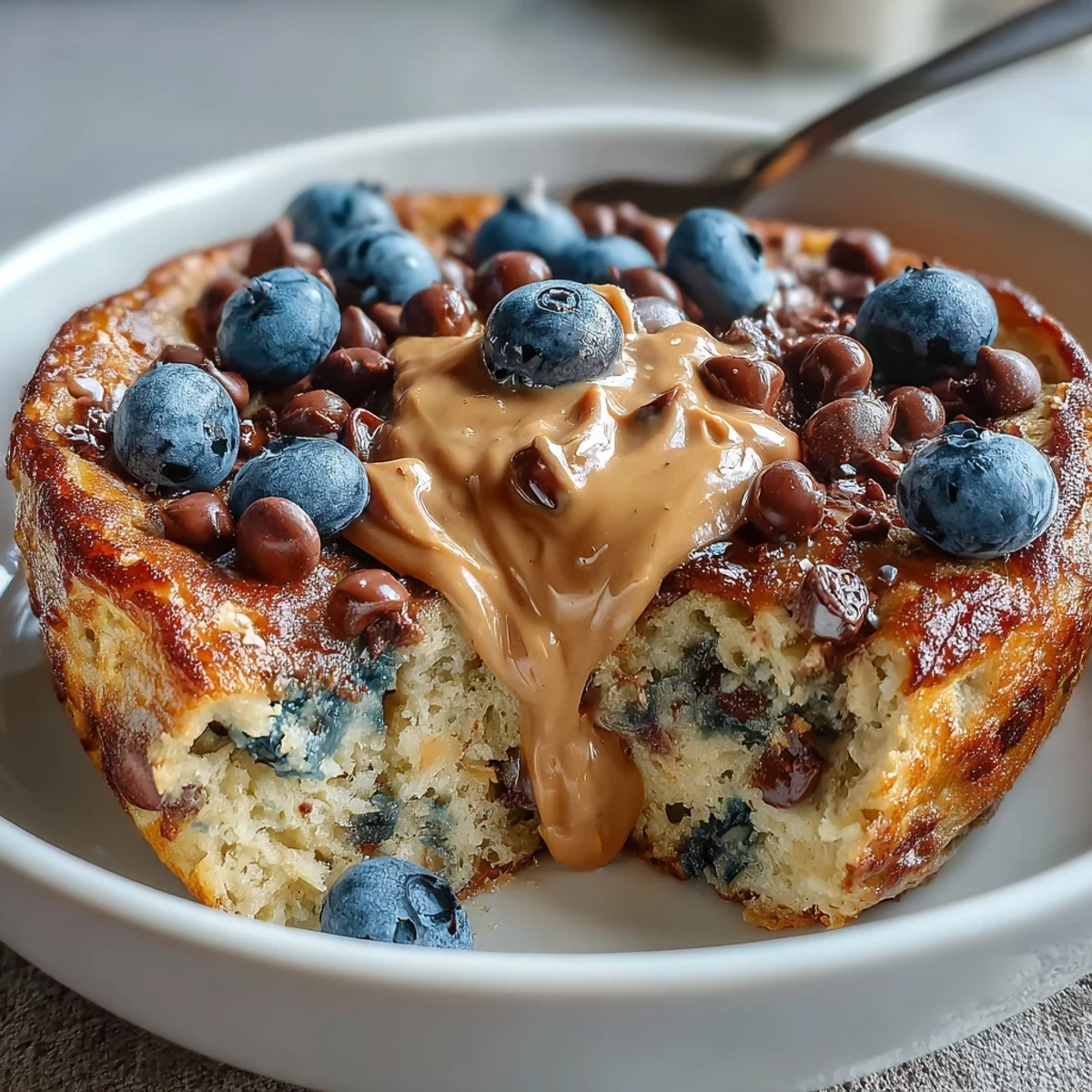Golden-brown Baked Protein Pancake Bowl served warm in a ramekin, drizzled with maple syrup for a cozy single-serve breakfast.