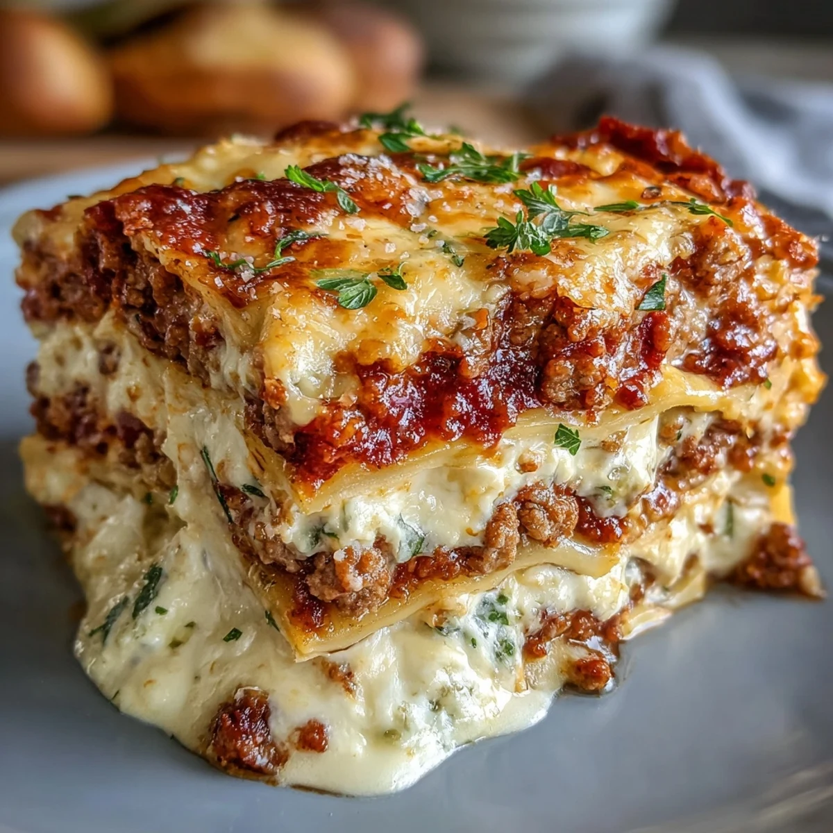 A spatula lifts a steaming portion of Worlds Best Lasagna, showcasing meaty marinara and creamy ricotta filling between tender noodles.