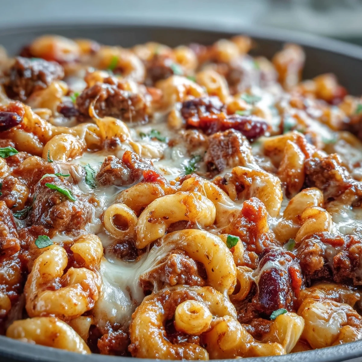One-Pan High Protein Chili Mac served steaming hot topped with melted cheddar, green onions, and a dollop of sour cream.