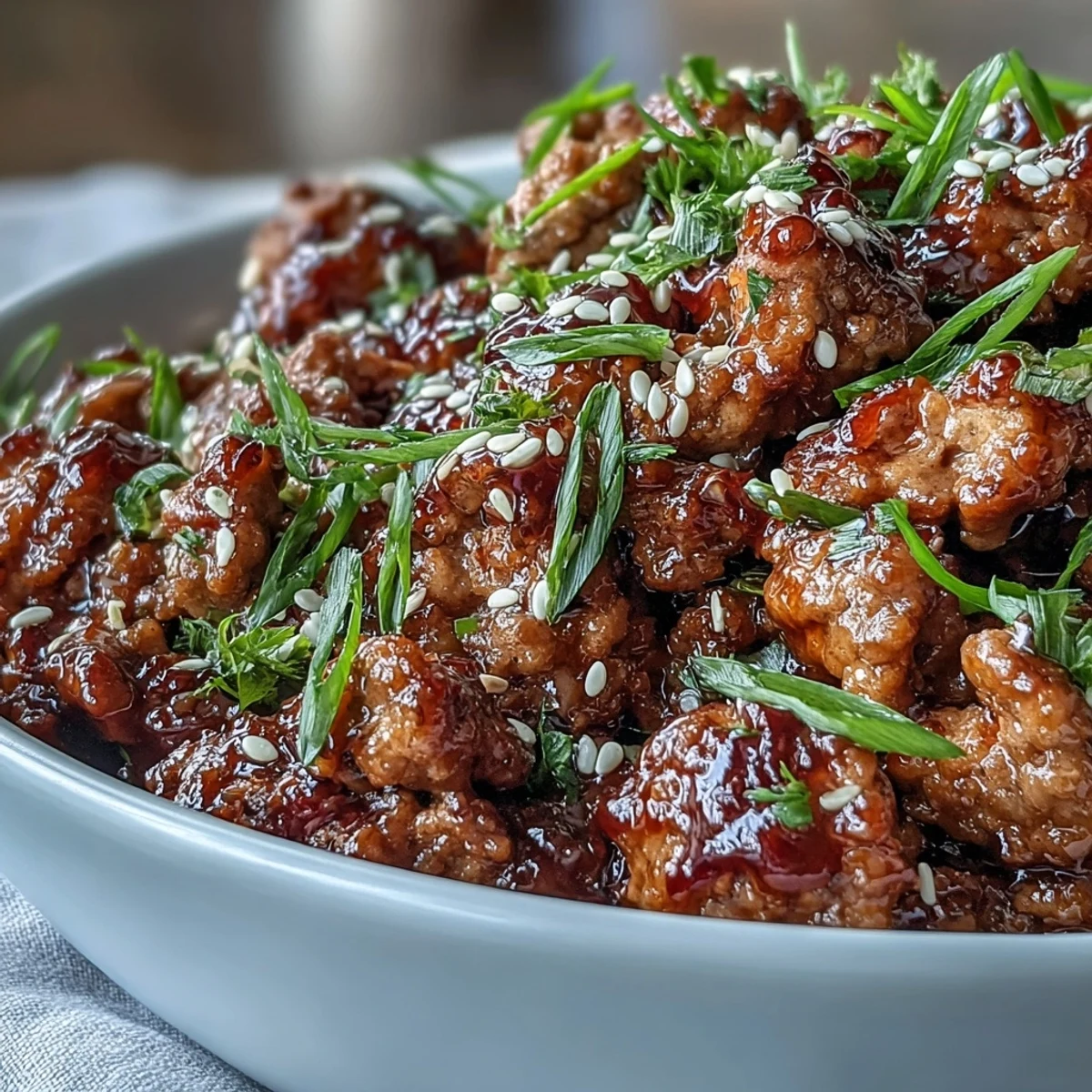 A healthy bowl of Korean-Style Ground Turkey served over steamed rice, surrounded by tender broccoli florets and sautéed carrots.
