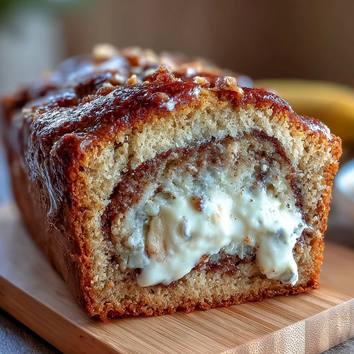 Freshly baked Cream Cheese Cinnamon Swirl Banana Bread cooling on a wire rack with a moist crumb and golden crust.