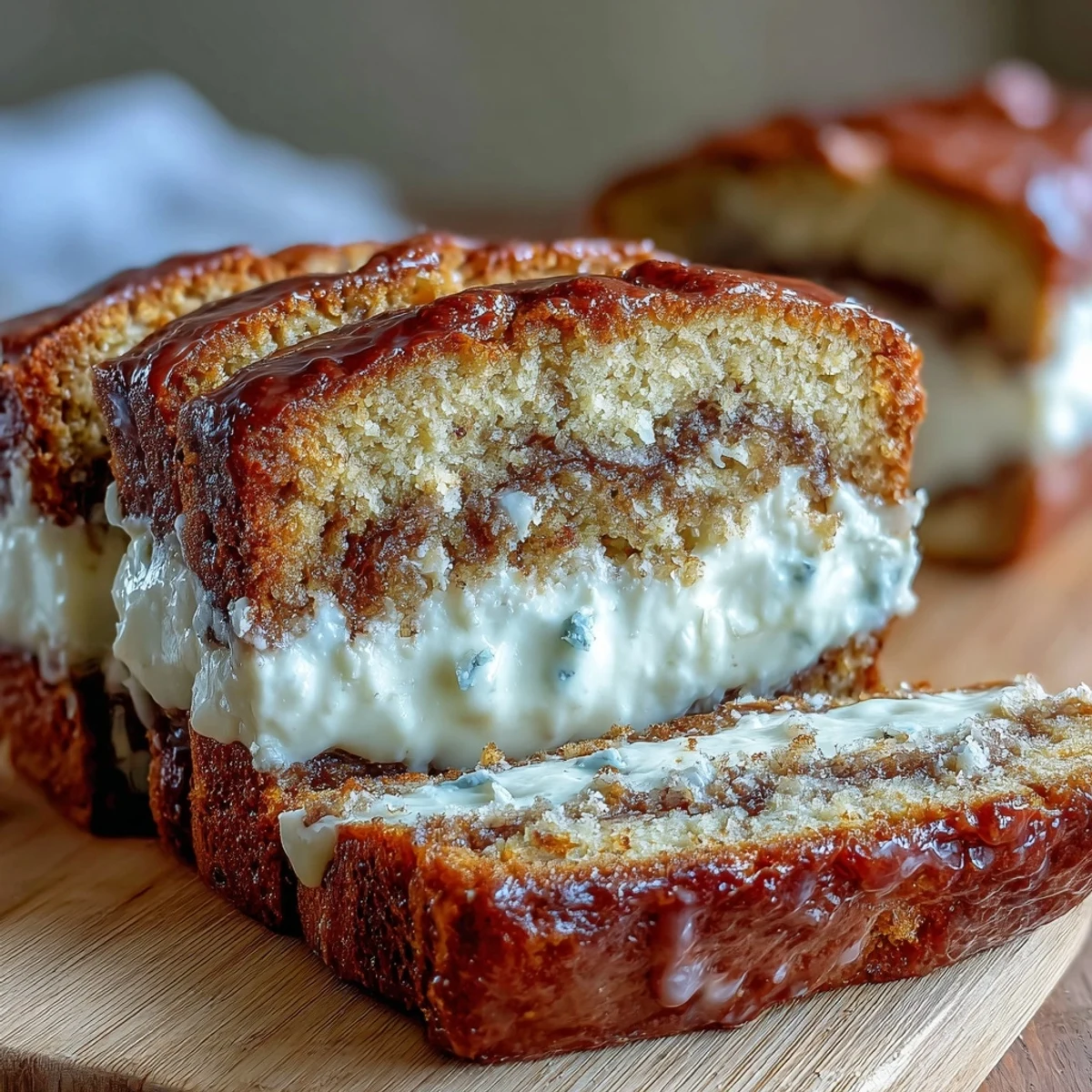 A thick slice of Cream Cheese Cinnamon Swirl Banana Bread with a bite taken out, served on a white plate for breakfast.