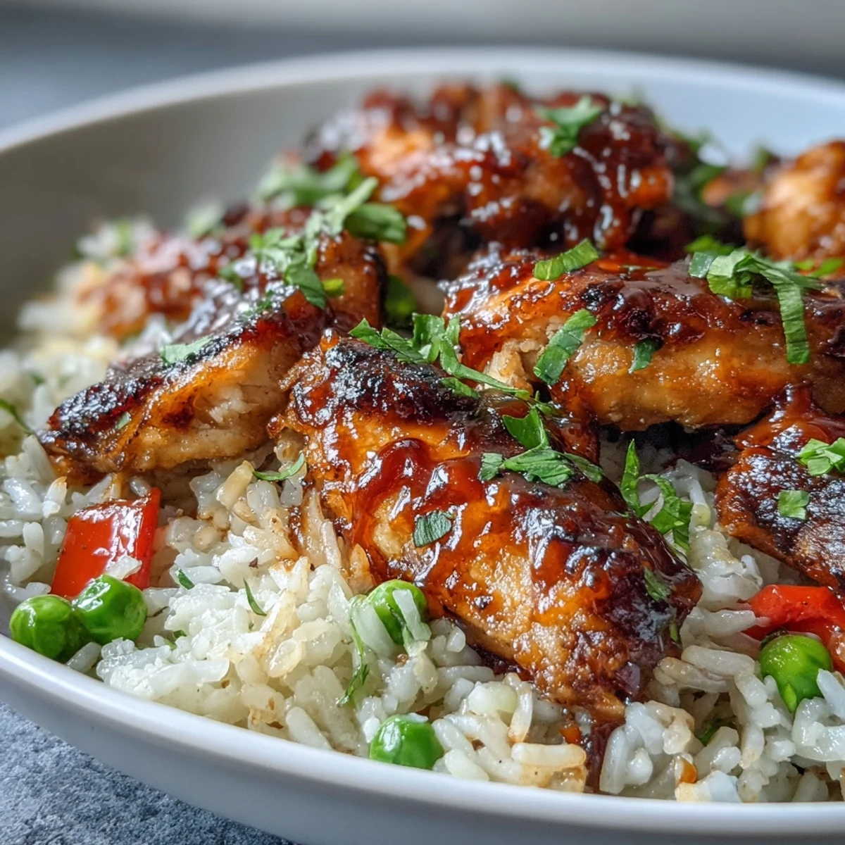 Golden-brown honey BBQ chicken pieces glazed in a sticky sauce, nestled with fluffy rice and vibrant bell peppers in a single skillet.