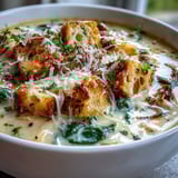 A steaming bowl of Garlic Parmesan Chicken Soup features tender chicken, wilted spinach, and melted Parmesan.