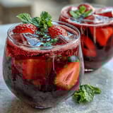Refreshing strawberry açaí refresher with bright red fruit slices and ice cubes, perfect for a hot summer day.