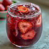 Creamy pink beverage featuring vibrant strawberry açaí blend and coconut milk, garnished with juicy fresh berries.