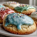 Spring cookies featuring tender lemon-infused sugar cookies topped with smooth pastel glaze in soft pink, blue, and yellow hues.