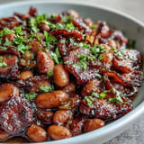 Hearty oven-baked beans with crispy bacon and rich molasses, perfect for any potluck.
