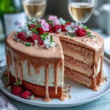 Beautiful Bridal Shower Rosé Velvet Cake with creamy frosting and a decadent gold finish.
