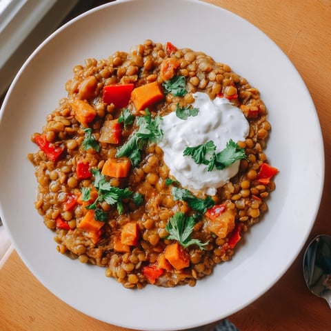 Steaming bowl of Wheat-Warm Hearty Lentil Curry, a flavorful vegetarian main course.
