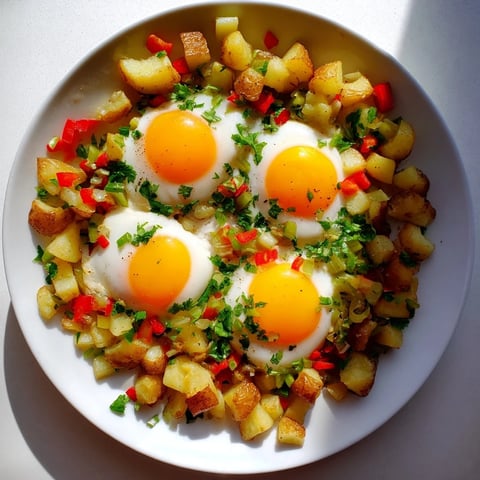 A sizzling skillet of Simple Skillet Egg and Potato Hash, showcasing golden potatoes and perfectly runny eggs.