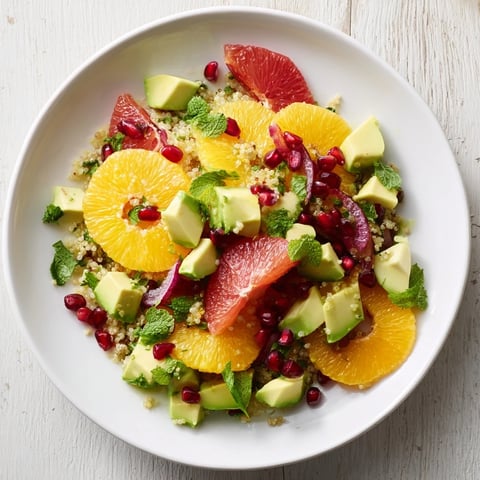 A beautiful Fresh Citrus & Avocado Quinoa Bowl, with bright oranges and creamy avocado over fluffy quinoa.
