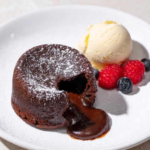 Warm, gooey dark chocolate lava cakes, perfect for a romantic dessert shared with vanilla ice cream.