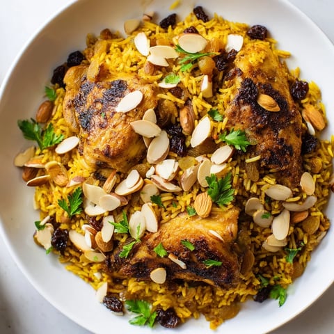 Golden, fluffy Saffron Chicken and Rice Pilaf with toasted almonds and plump raisins, ready to serve.