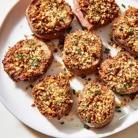 Golden, crispy Thyme and Pecan Crusted Pork Tenderloin medallions, ready to be sliced, enjoyed at dinner!