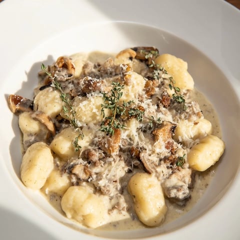 Golden-brown Woodsy Skillet Sausage and Mushroom Gnocchi, glistening, ready to serve with Parmesan cheese.