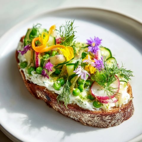 Fresh Meadow-Inspired Garden Vegetable Tartines, featuring colorful vegetables on toasted bread, ready to eat.
