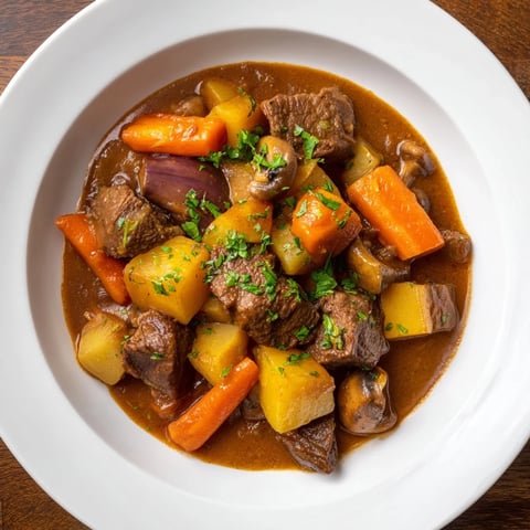 A steaming bowl of earthy beef stew with crusty bread, perfect for a cold evening.
