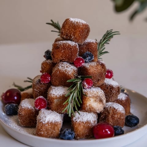 Golden-brown Eggnog French Toast Bites beautifully arranged in a festive tree, ready to eat.