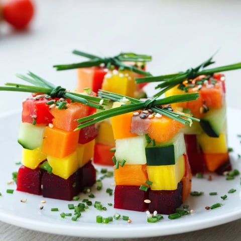 Vibrant Stacked Gift Box Veggie Cubes with feta, a festive and beautiful appetizer for the holidays.