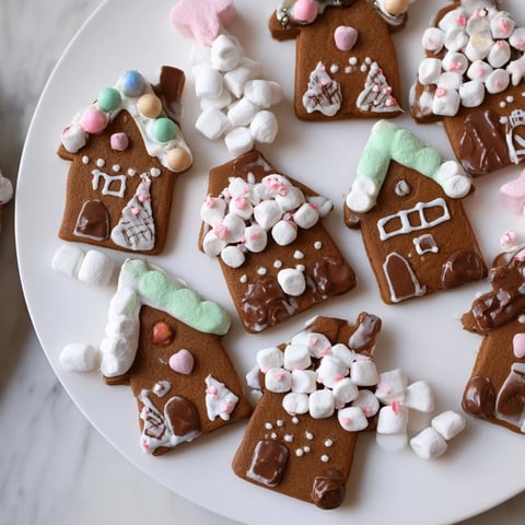 Festive gingerbread village dessert board displaying baked gingerbread cookies, varied treats, and sweet dips.