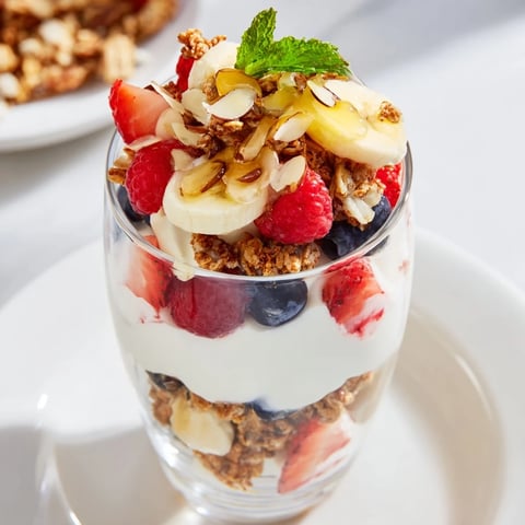 Creamy yogurt and crunchy granola layered in a Yogurt Parfait Glass, topped with fresh mixed berries.