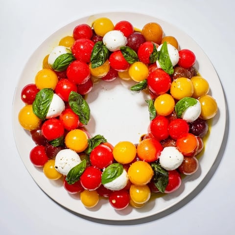 Fresh Appetizer Wreath: Cherry Tomato and Basil Ring showcases vibrant red tomatoes and creamy mozzarella, ready to be enjoyed.