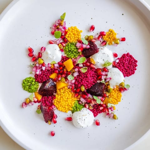 Vibrant The Pointillism Dot Matrix appetizer with colorful vegetable purees and delicate garnishes creating art on a plate.