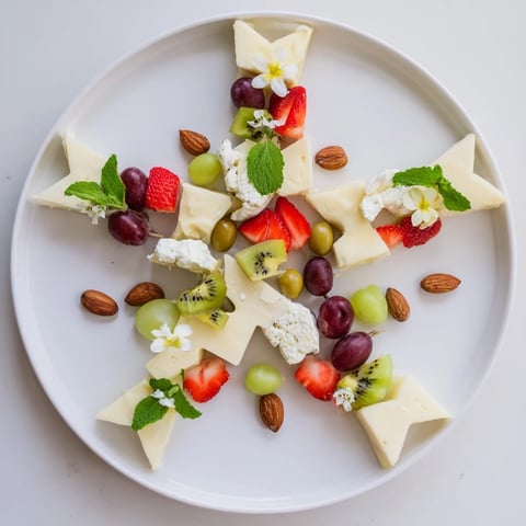 Exquisite Negative Space Puzzle platter showcasing fruit, cheese, and crackers, beautifully arranged for a stunning appetizer.