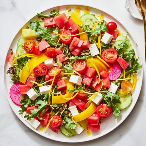 Abstract Expressionist Splash salad showcases vibrant colors and textures artfully arranged on a platter.