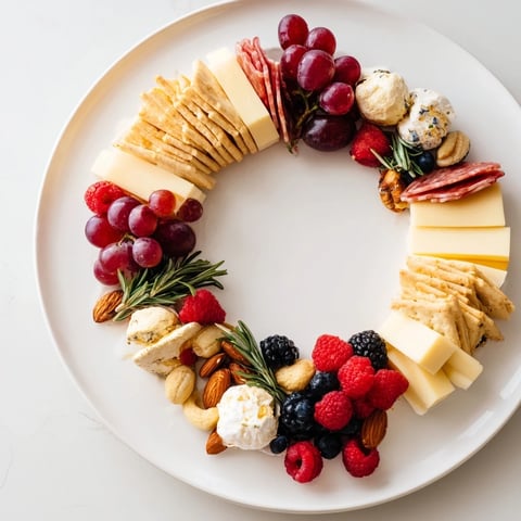 Ouroboros Circle appetizer platter, with creamy cheeses, meats & fresh grapes, perfect for entertaining.