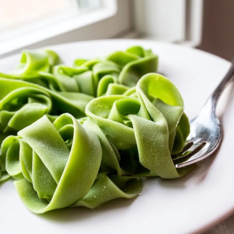 Freshly rolled spinach pasta dough with vibrant green flecks, ready to cut into fettuccine or ravioli.