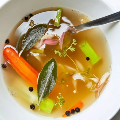 Golden Vegetable Broth From Scraps simmering in a pot with onion skins, carrot peels, and fresh thyme, releasing aromatic steam.