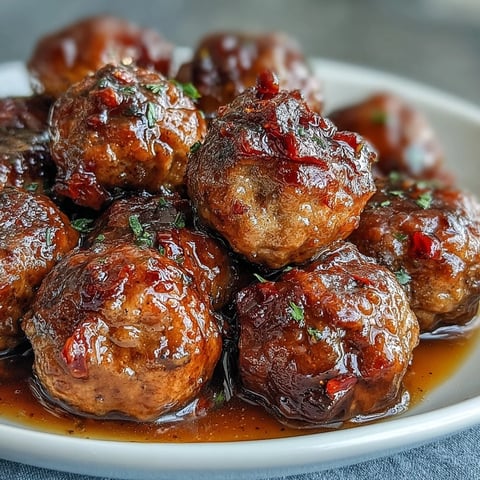 Golden brown Slow Cooker Peach Glazed Meatballs simmering in a sweet and tangy sauce with fresh thyme garnish.