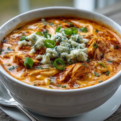 Creamy Crock Pot Buffalo Chicken Dip Soup bubbling in a slow cooker, topped with melty cheddar and sliced green onions.