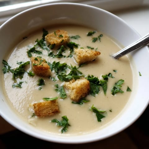 Golden roasted garlic soup in a rustic bowl, topped with fresh parsley and a slice of toasted crusty bread.  
