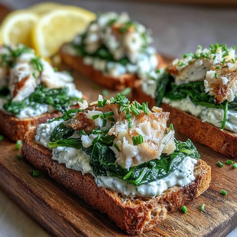 Golden-brown rye toasts topped with flaky smoked haddock and wilted spinach, garnished with fresh chives and a lemon wedge for a bright finish.  