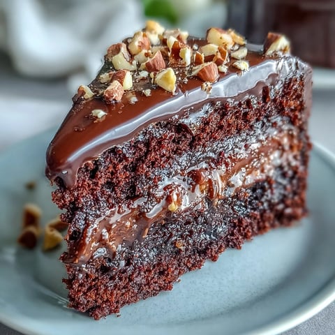 A slice of Chocolate Celebration Cake reveals moist, dark crumb layers, glossy chocolate ganache, and crunchy hazelnut praline topping.