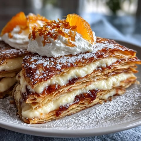 Blood Orange Curd Crêpe Cake with dusted powdered sugar and edible flowers, served chilled on a white plate.