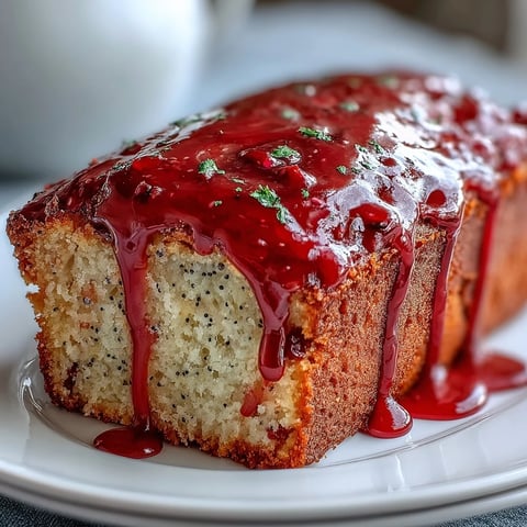 Freshly baked Blood Orange Loaf Cake with poppy seeds and marzipan, glazed and sliced on a white plate.