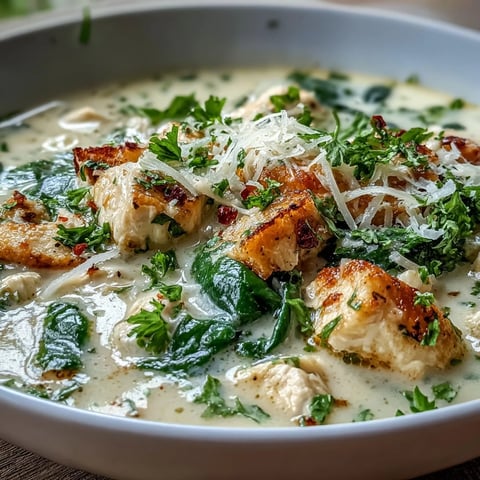 Creamy Garlic Parmesan Chicken Soup garnished with parsley in a rustic bowl, ready to serve with crusty bread.