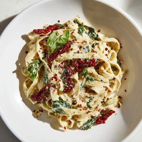 One-Pot Creamy Tuscan Garlic Herb Pasta, showcasing tender pasta mingling with sun-dried tomatoes and spinach.