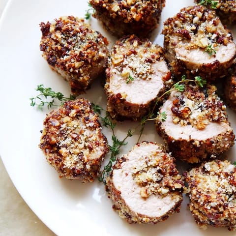Perfectly roasted Thyme and Pecan Crusted Pork Tenderloin, glistening with a savory, flavorful crust and juices.