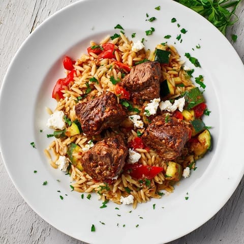 Warm, flavorful Smoky Mediterranean Lamb and Orzo Supper, pictured with feta and fresh parsley garnishes.