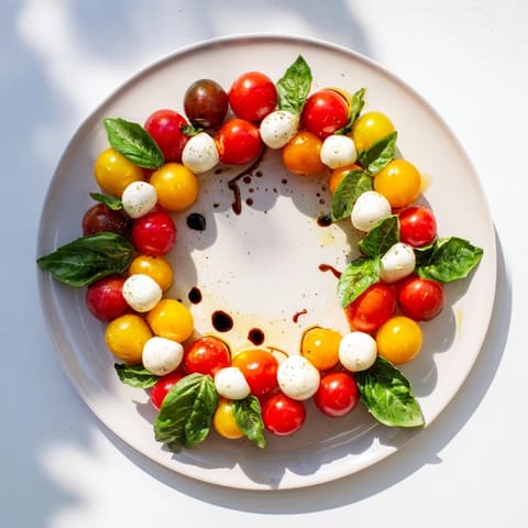 A Mediterranean delight: This Cherry Tomato and Basil Ring appetizer is a visually stunning wreath, drizzled with balsamic glaze.