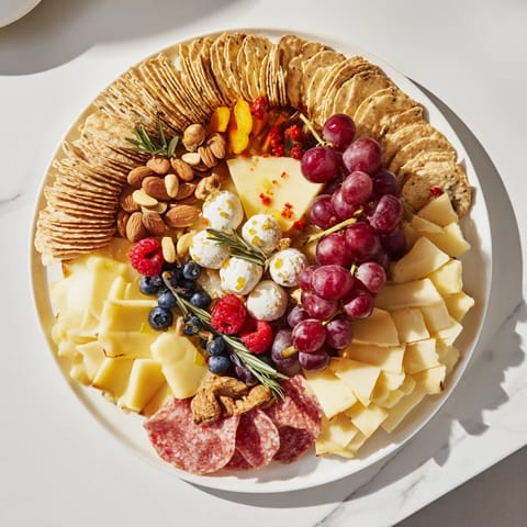 A close-up of The Ouroboros Circle: a vivid circular appetizer with cheeses, fruits, and crackers.
