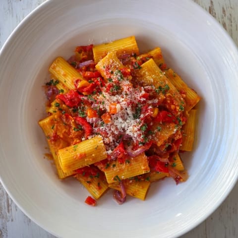 Vibrant image of One-Pot Diavola Spicy Pasta, with a sprinkle of fresh parsley and Parmesan cheese.
