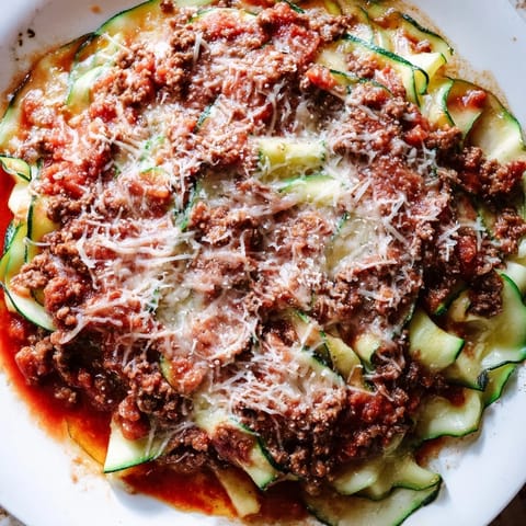 Savory zucchini lasagna skillet featuring layers of ground beef and ricotta, topped with golden, bubbly cheese.